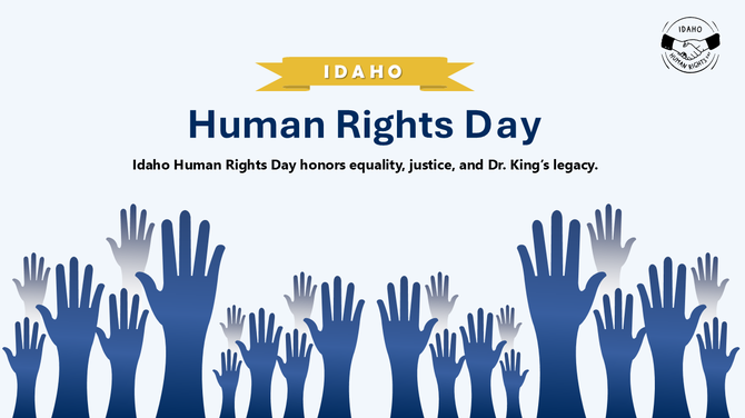  Idaho Human Rights Day slide with justice scales, MLK tribute, diversity icons, timeline, and community impact highlights.
