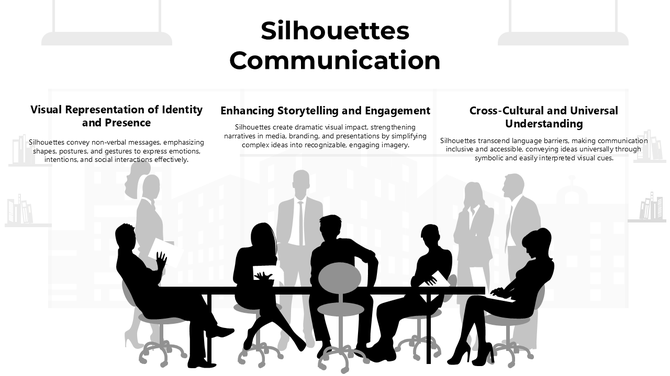 Silhouettes Communication with human figures, speech bubbles, chat icons, and teamwork elements representing conversations.