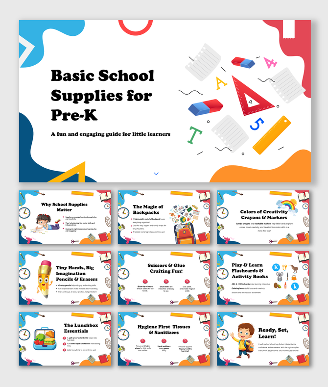  Basic School Supplies for Pre K with colorful stationery, pencils, rulers, erasers, notebooks, and fun learning essentials.