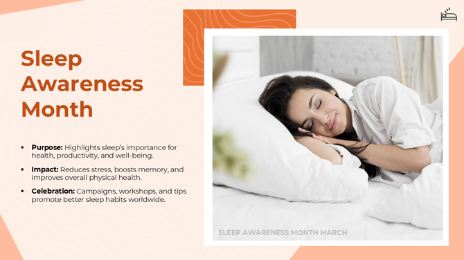  Sleep Awareness Month with a woman sleeping, text on sleep benefits for health, stress relief, memory, and global campaigns.