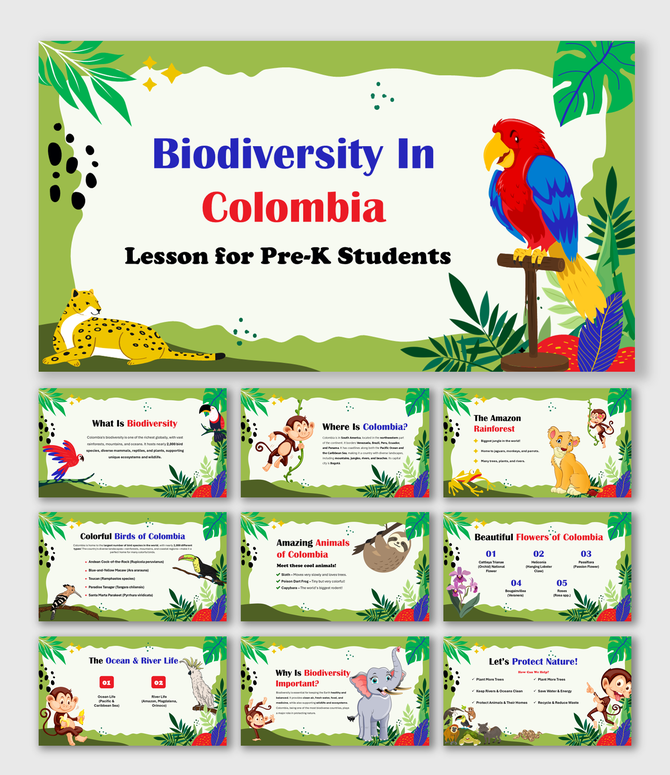 Biodiversity In Colombia Lesson for Pre K Students with rainforest, animals, birds, ocean life, flowers, and conservation.
