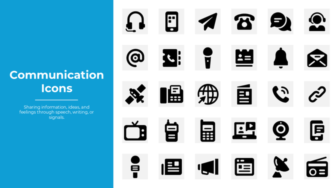 Communication Icons slide with colorful chat, email, phone, and network symbols in a structured layout with rounded shapes.