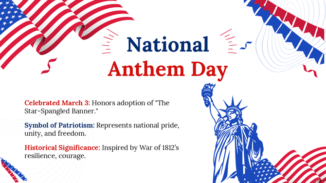 National Anthem Day slide with U.S. flags, Statue of Liberty, and patriotic colors, honoring the anthem’s history.