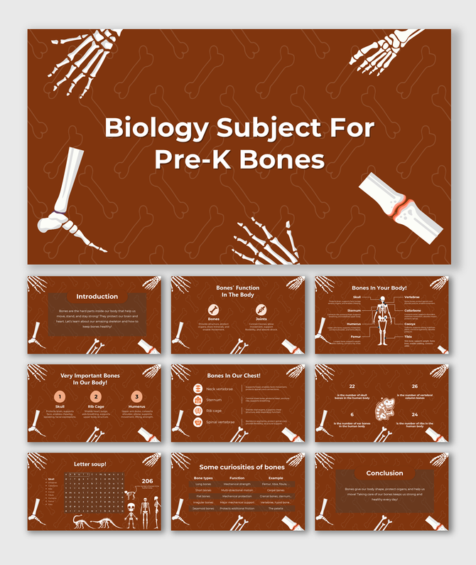 Biology Subject For Pre-K Bones slide with skeleton graphics, labeled bones, fun facts, and a brown-themed engaging learning 