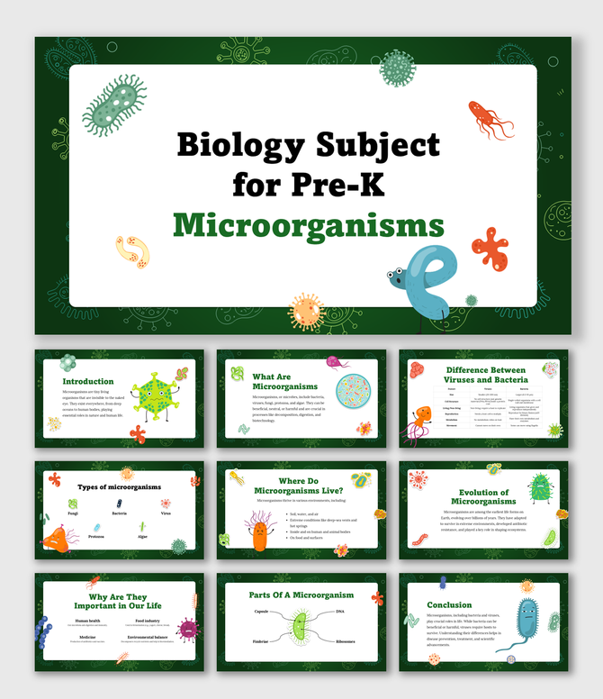 Biology Subject For Pre-K Microorganisms slide featuring colorful bacteria, viruses, fungi, and kid-friendly visuals.