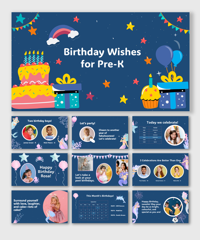 Birthday Wishes for Pre-K slide with cake, balloons, stars, gifts, and festive decorations on a dark blue background.