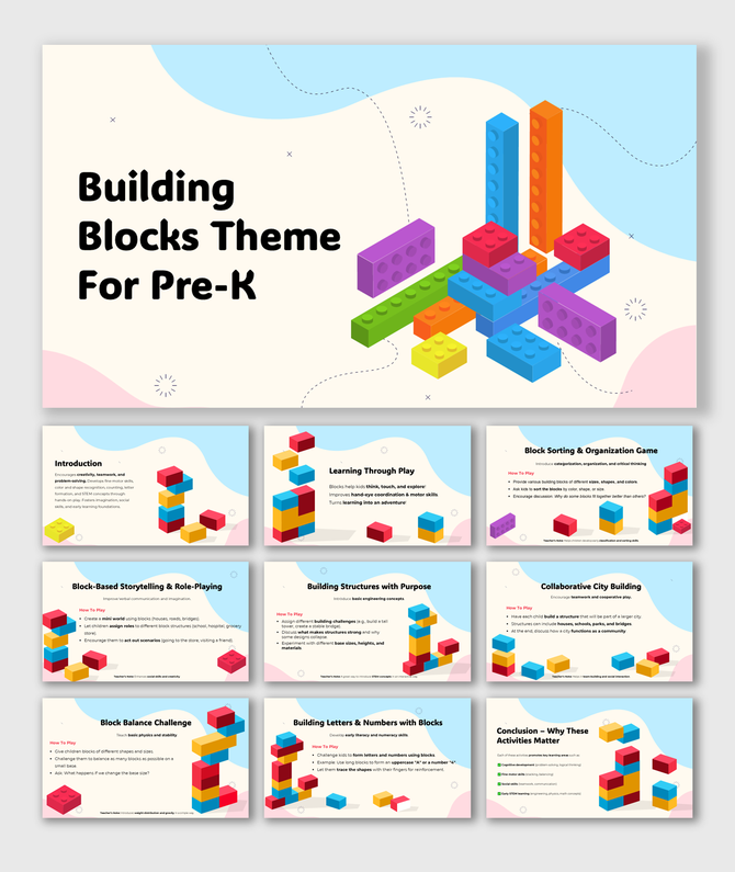 Building Blocks Theme For Pre K slide with colorful 3D blocks, playful pastel design, learning activities, and fun elements.