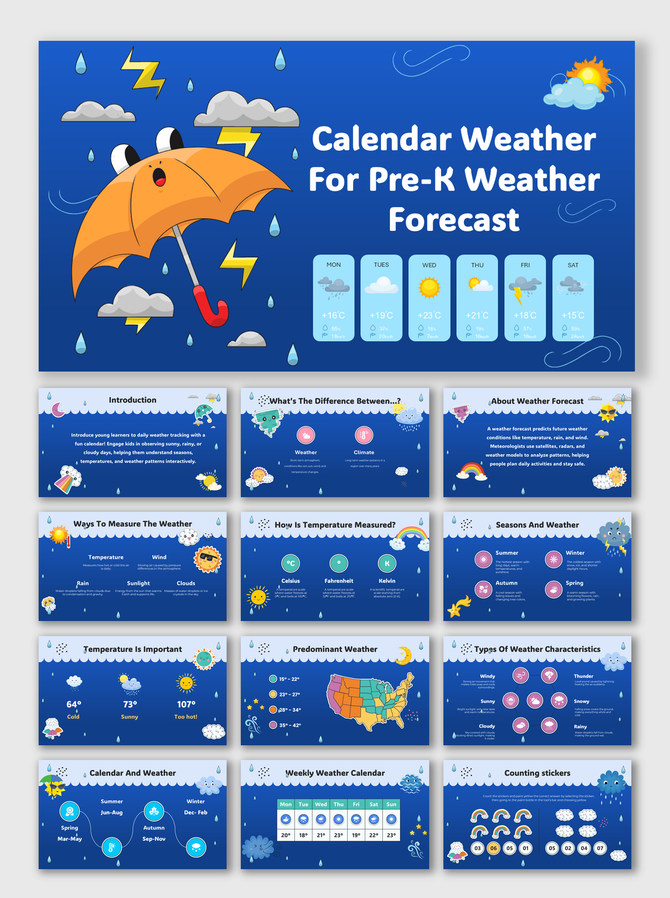 Calendar Weather For Pre-K Weather Forecast with temperature, seasons, weather patterns, measurement tools, and icons.