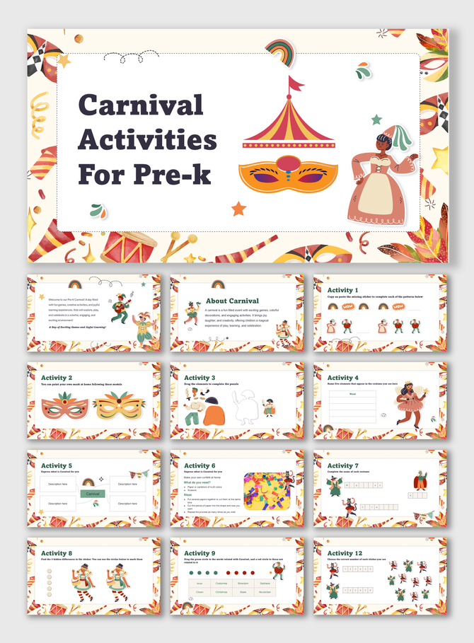 Carnival Activities for Pre-K slides with festive masks, puzzles, games, and interactive learning in a colorful theme.