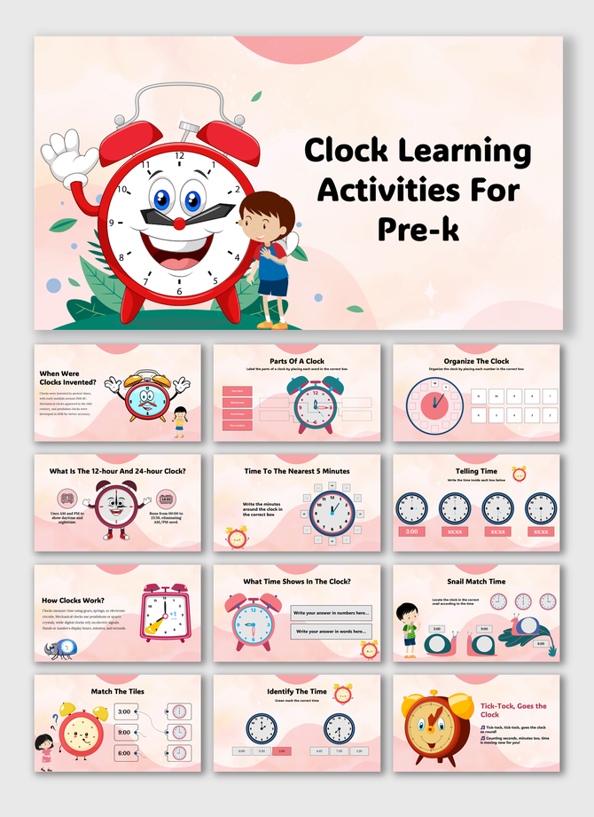 Clock Learning Activities For Pre K with cartoon clocks, time exercises, matching games, AM-PM learning & a pink theme.