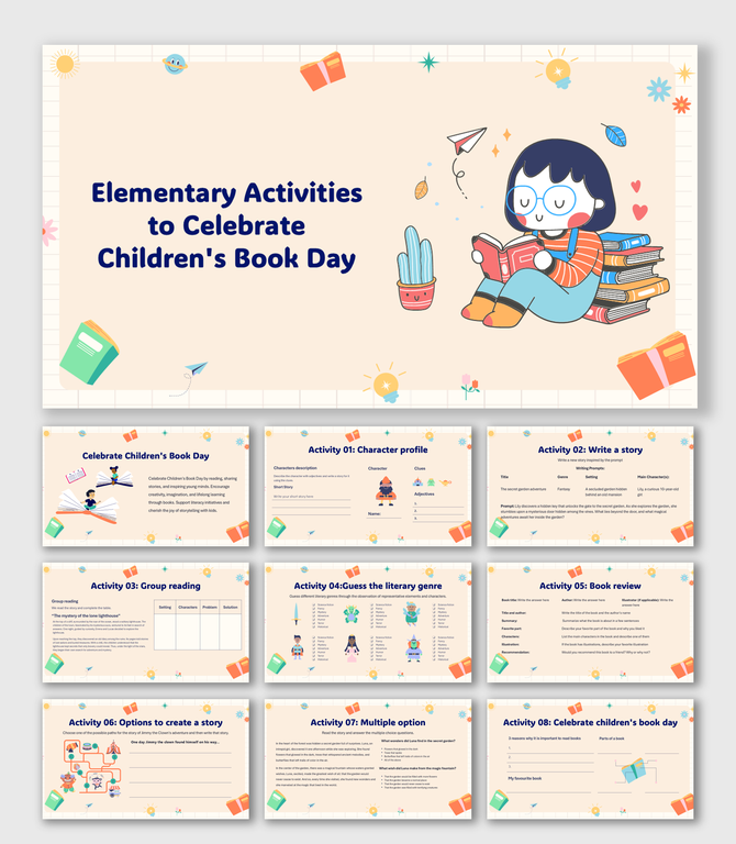 Elementary Activities to Celebrate Children's Book Day slides with reading tasks, storytelling, book reviews & fun games.