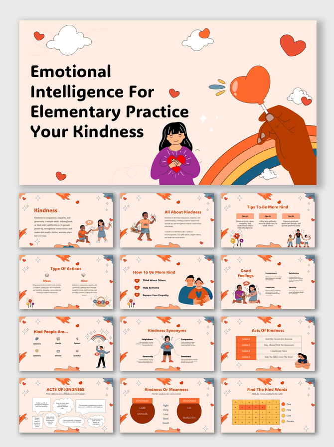 Emotional Intelligence For Elementary Practice Your Kindness slides with empathy, kind actions, positive feelings, games.