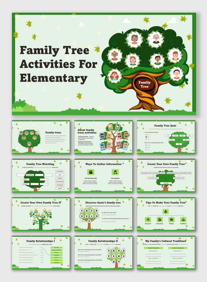 Family Tree Activities For Elementary slides with genealogy tasks, quizzes, matching games, relationship charts, traditions.