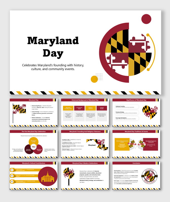 Maryland Day slides with history, founding, cultural heritage, traditions, community events, and historical celebrations.