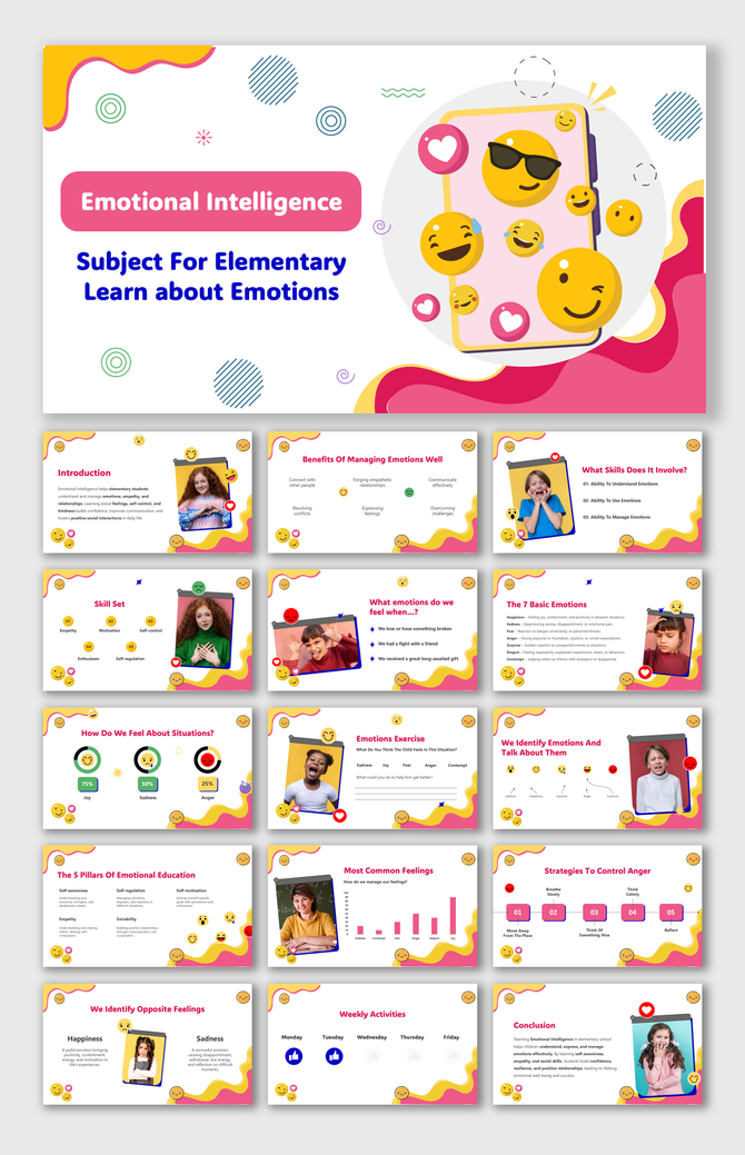 Emotional Intelligence Subject For Elementary Learn About Emotions slides with feelings, empathy, self-control.