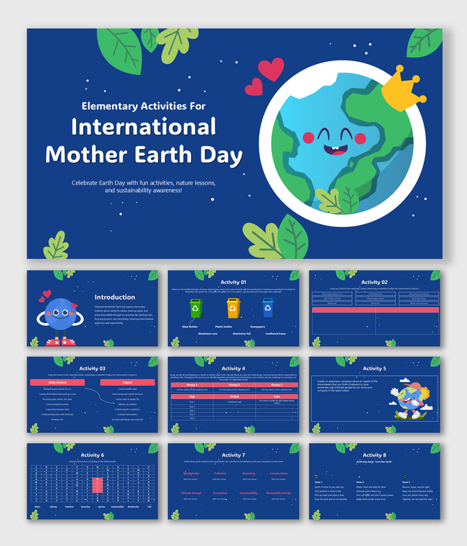 Elementary Activities For International Mother Earth Day with cute Earth, recycle bins, charts, games, and eco-tasks.