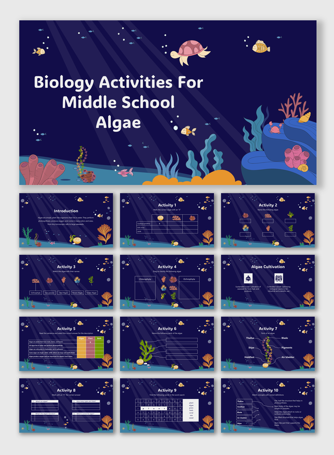 Biology Activities For Middle School Algae with ocean theme, structure labeling, classification tasks, and quizzes.