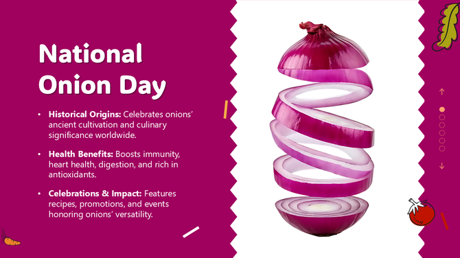 National Onion Day graphic with spiral red onion, magenta-white layout, health facts, history, and veggie icons.