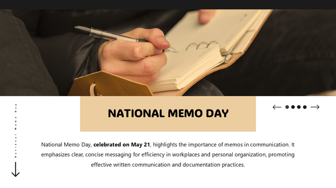 National Memo Day slide showing hand writing in notebook, beige-black layout, promotes clear workplace communication.