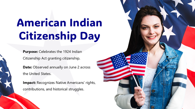 American Indian Citizenship Day slide with girl holding US flags, stars background, highlights Native rights and June 2.