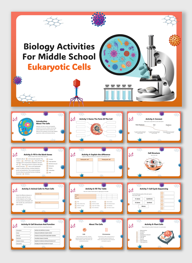 Biology Activities For Middle School Eukaryotic Cells with microscope, labeled diagrams, tables, and fun cell tasks.