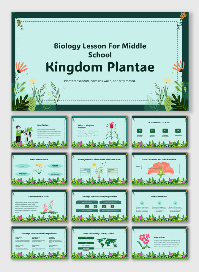 Biology Lesson For Middle School Kingdom Plantae slides with plant parts, photosynthesis, experiments, and adaptations.