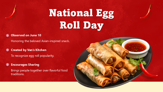 National Egg Roll Day slide with crispy egg rolls, dipping sauce, chili peppers, red textured background, and bold text.