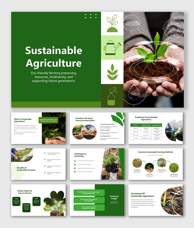 Sustainable Agriculture slide deck with green tones, eco-farming icons, crop visuals, stats, and global success stories.