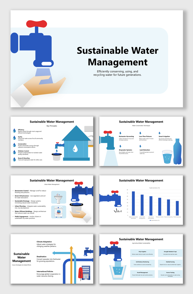 Sustainable Water Management slide with tap icons, water reuse, urban planning, farming tips, and data chart.