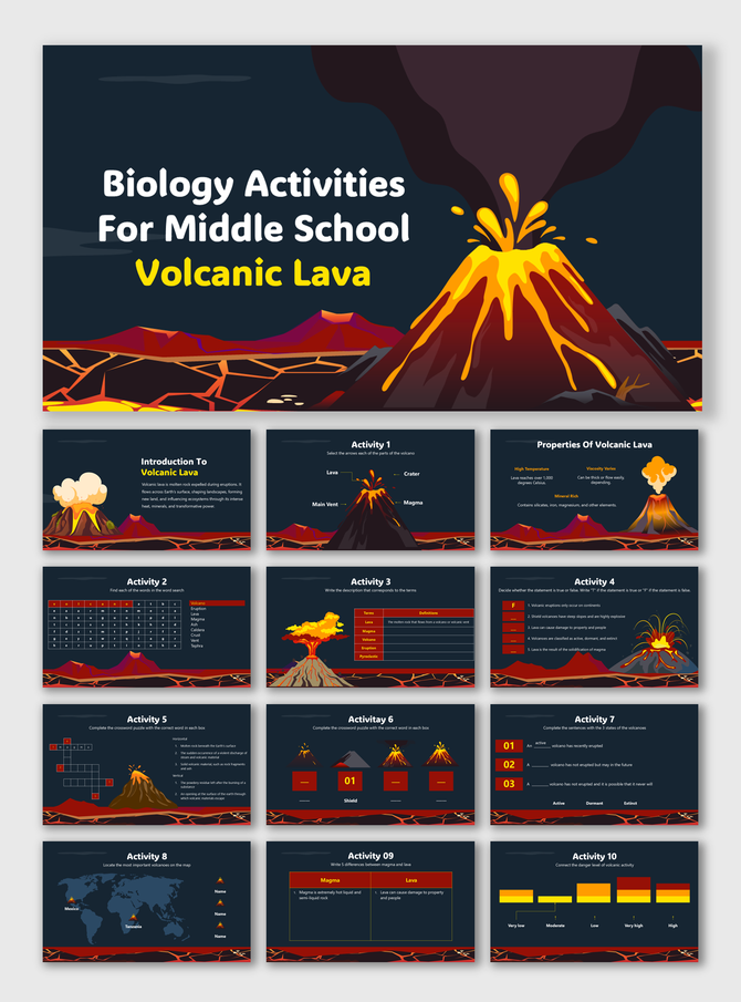 Biology Activities For Middle School Volcanic Lava with labeled eruptions, puzzles, map, lava types, and dark theme design