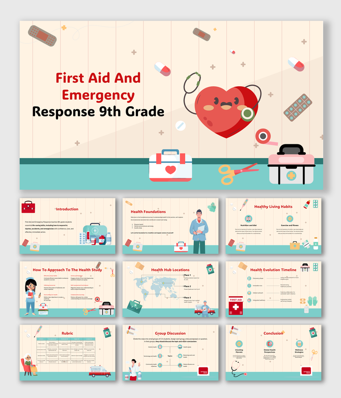 First Aid And Emergency Response 9th Grade slides with heart icon, health kits, habits, timeline, rubric, and maps.