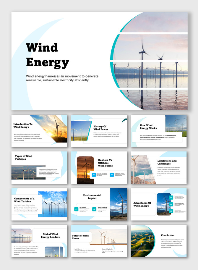 Wind Energy presentation with turbines, power generation methods, history, and environmental impact for sustainable energy.