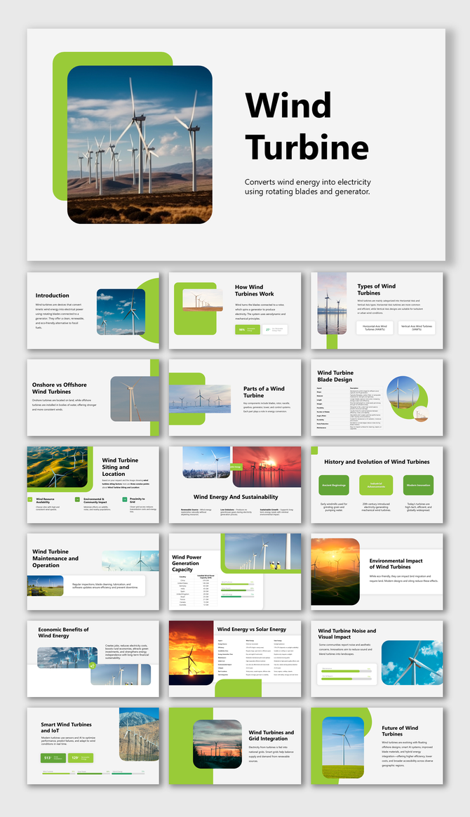 Wind Turbine: Visualizes wind turbine components, working mechanisms, and benefits with green and blue design elements.
