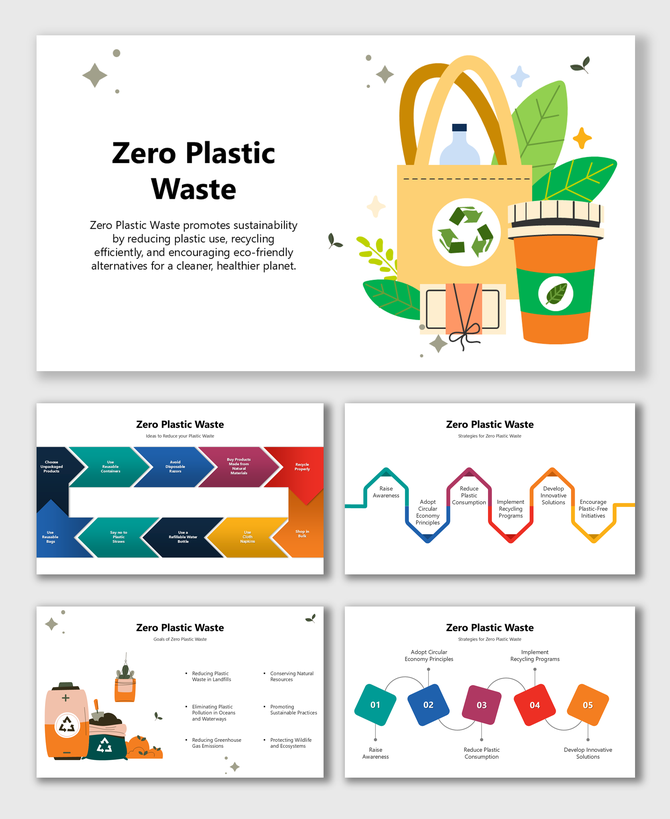 Zero Plastic Waste presentation with strategies, benefits, and goals for reducing plastic waste and promoting eco-friendly.