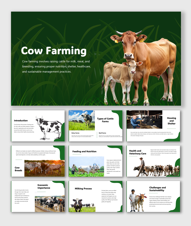 Cow Farming Focuses on cattle care, types of farms, feeding, milking, and sustainable farming practices.