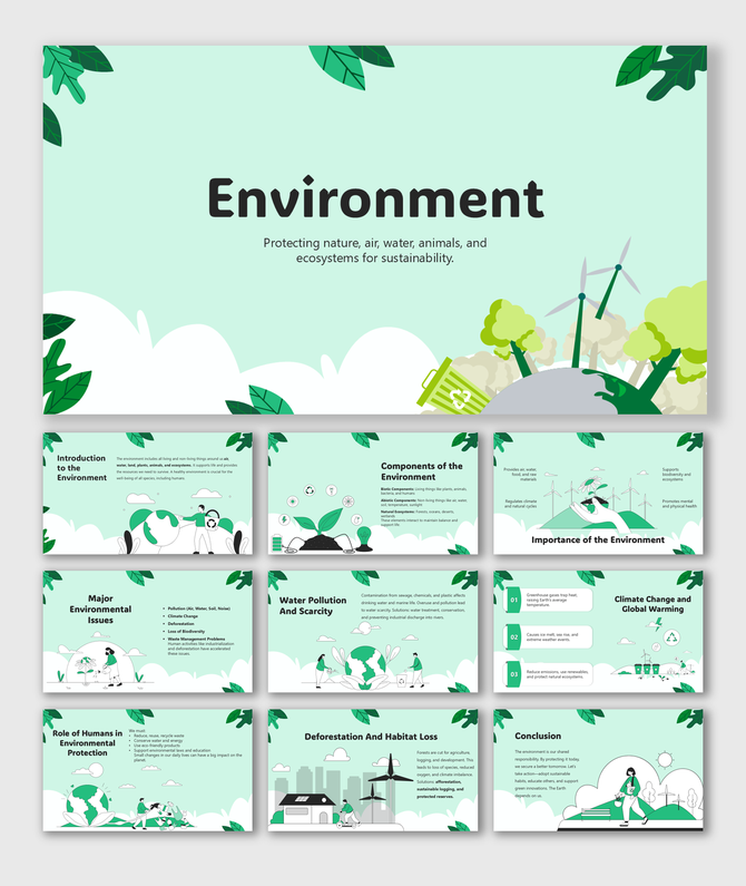 Environment Theme slide shows eco-friendly icons, trees, wind turbines, and green elements promoting sustainability.