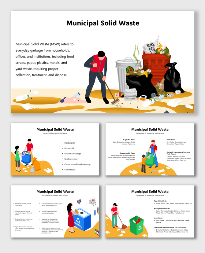 Municipal Solid Waste (MSW) overview, showing waste segregation, categories, sources, and waste management.