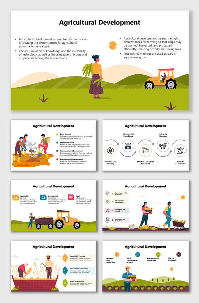 Agricultural Development focuses on improving farming, food security, sustainability, and technological advancements.