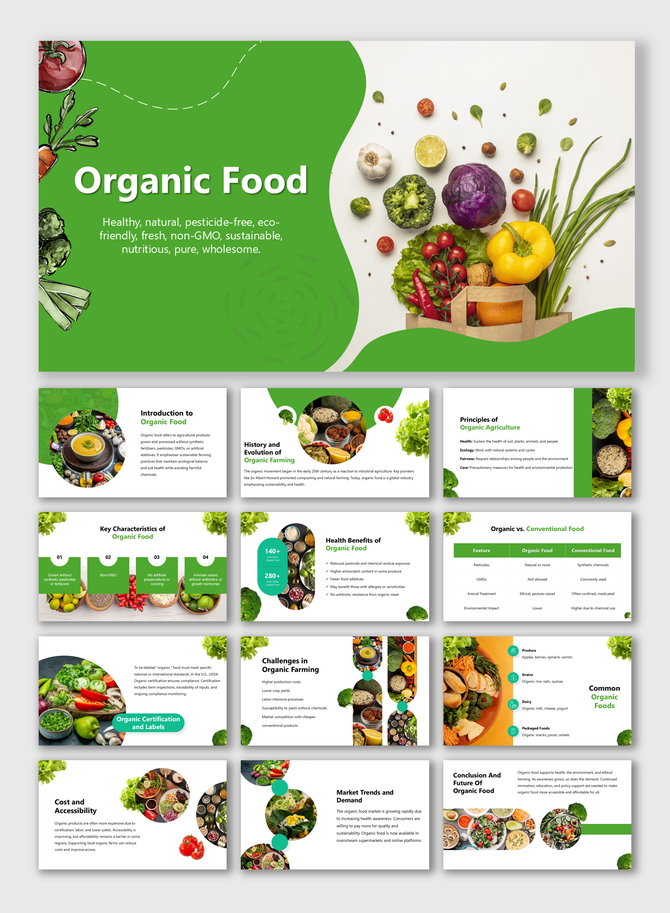 Organic Food slide showing healthy, fresh produce with green accents, highlighting benefits, principles, and market trends.