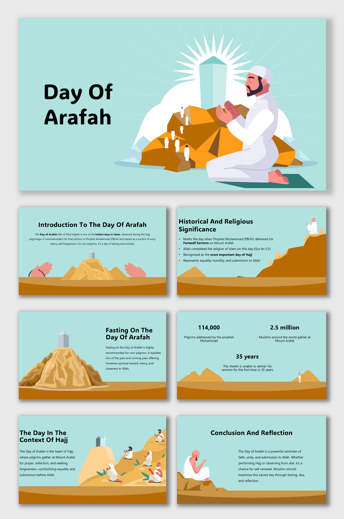 Day Of Arafah slide set with praying figures, Mount Arafat, fasting info, Hajj context, and sermon stats in soft colors.