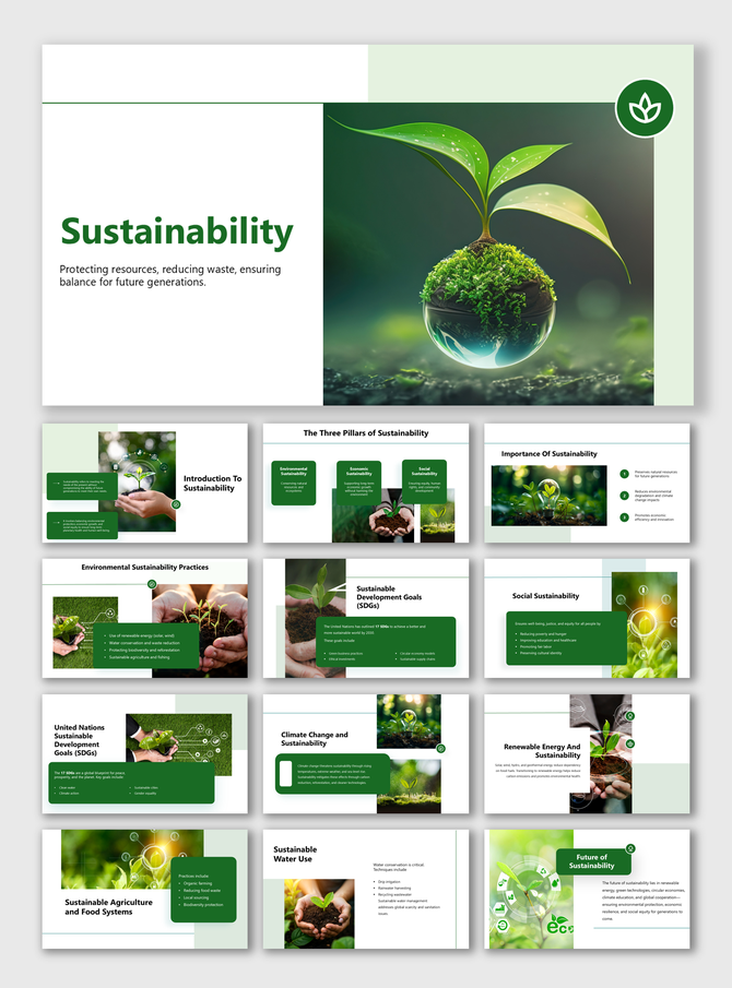 Sustainability slide deck with green theme, plants, SDGs, climate actions, water use, and future eco-friendly goals.