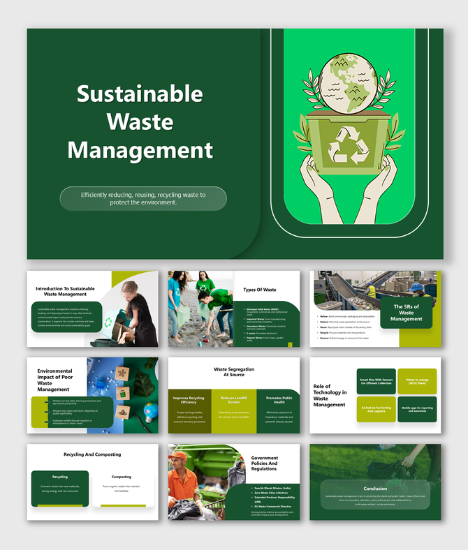 Sustainable Waste Management slides with recycle icons, green theme, cleanup photos, 5Rs concept, and compost visuals.