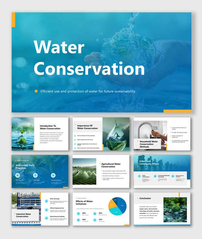 Water Conservation slides with blue theme, globe in water, pie chart, icons, and tips on reuse, farming, and saving methods.