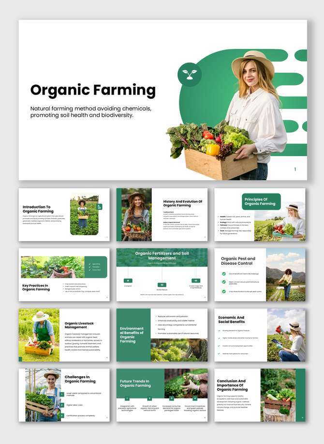 Organic Farming slides with green-white theme, farmer images, crop visuals, charts, and icons for practices and benefits.