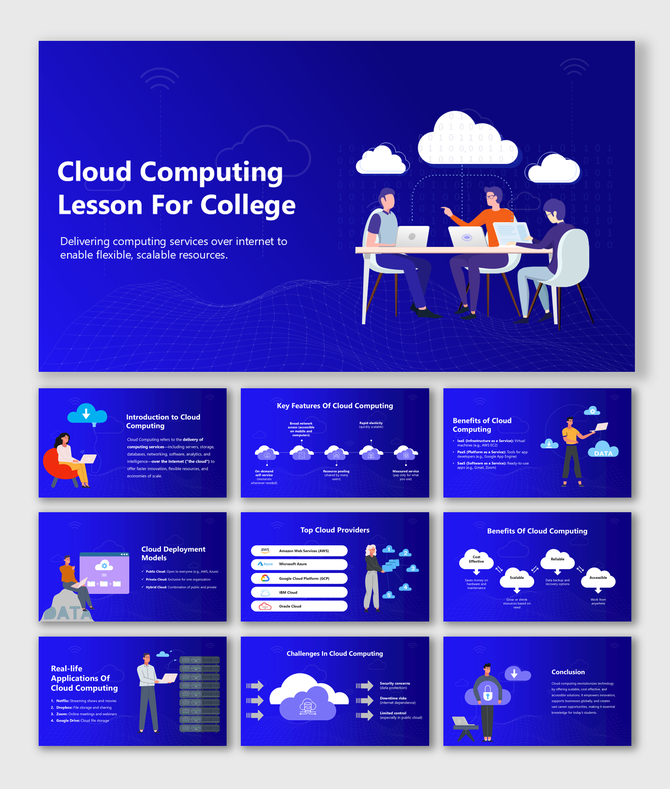 Cloud Computing Lesson For College slides with blue theme, cloud icons, students, features, providers, and challenges.