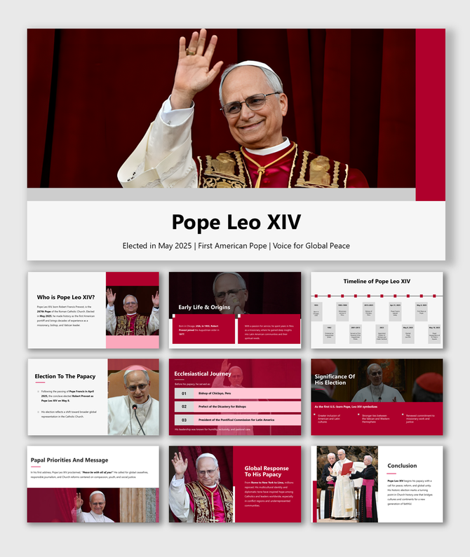 Pope Leo XIV, elected in May 2025, is the first American pope, advocating global peace, with a rich red and white color theme