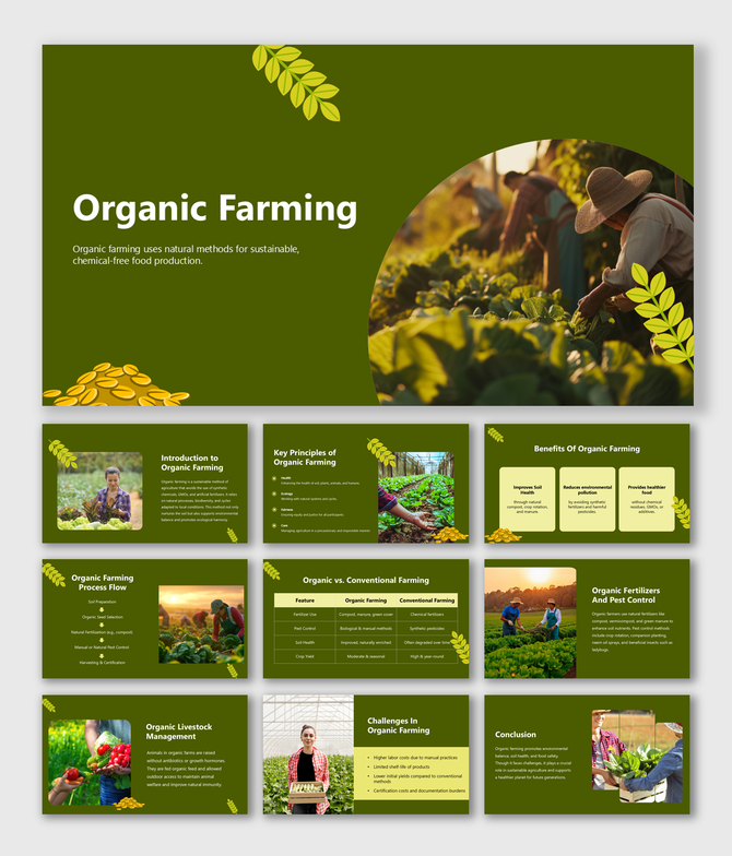 Organic Farming slides with green theme, farming photos, leaf icons, and content on methods, benefits, and challenges.