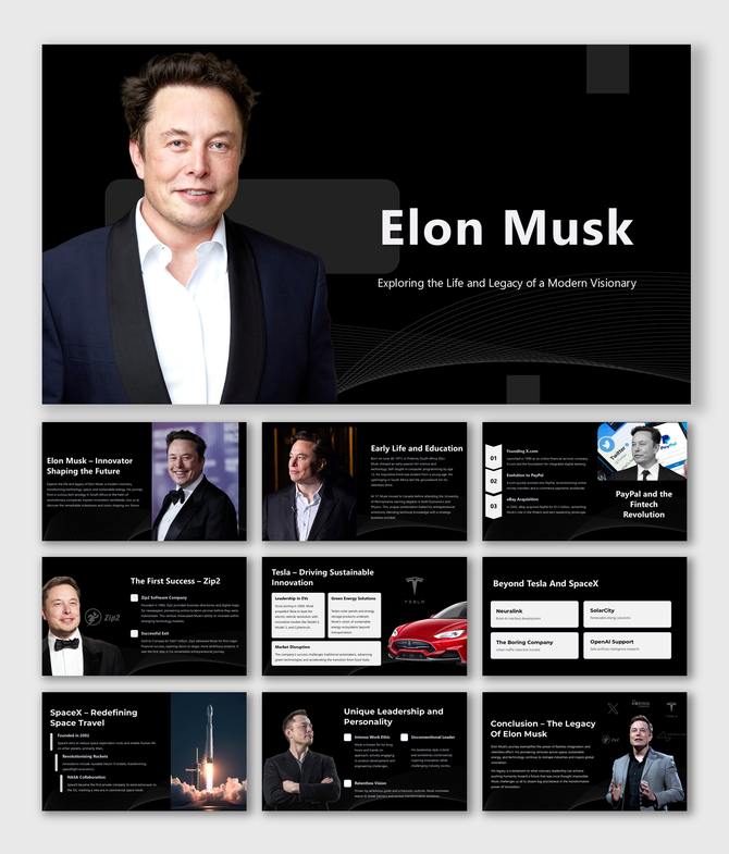 Elon Musk slides with dark theme, profile photos, Tesla and SpaceX visuals, and content on his ventures, life, and leadership
