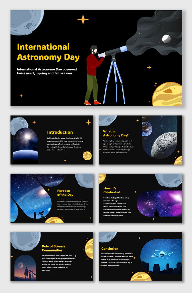 International Astronomy Day slide with stargazer, telescope, stars, moon, and planets on a dark background with yellow text.
