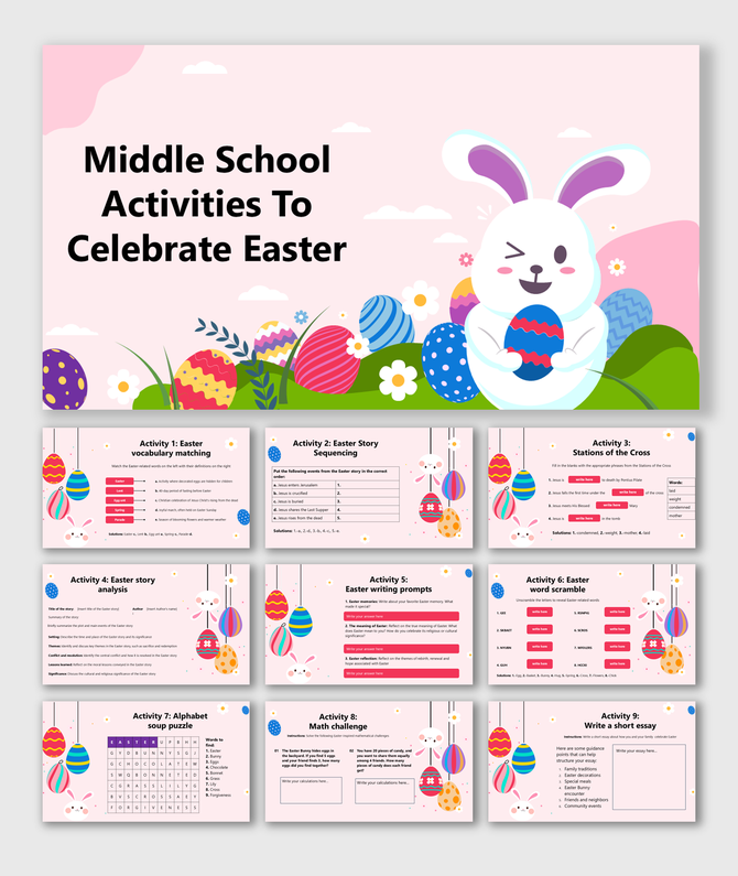 Middle School Activities To Celebrate Easter with bunny, eggs, pink theme, and fun tasks like puzzles and writing.